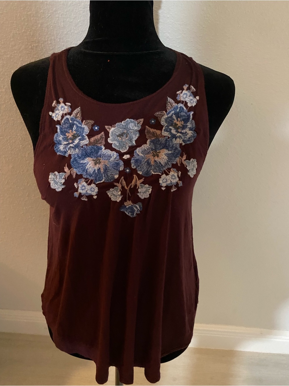 American Eagle Outfitters Burgundy Tank with Blue Floral Embroidery